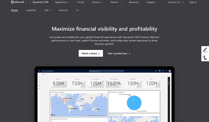 Screenshot of the homepage of microsoft dynamics 365 finance